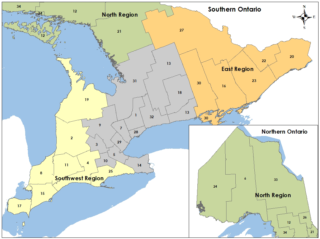 Ontario Learn and Stay Grant Regions based on Ontario Public Health Unit boundaries The map shows Ontario Learn and Stay regions for the 2023 to 2024 academic year. These regions are North, East and Southwest and are based on Ontario Public Health Unit boundaries. 