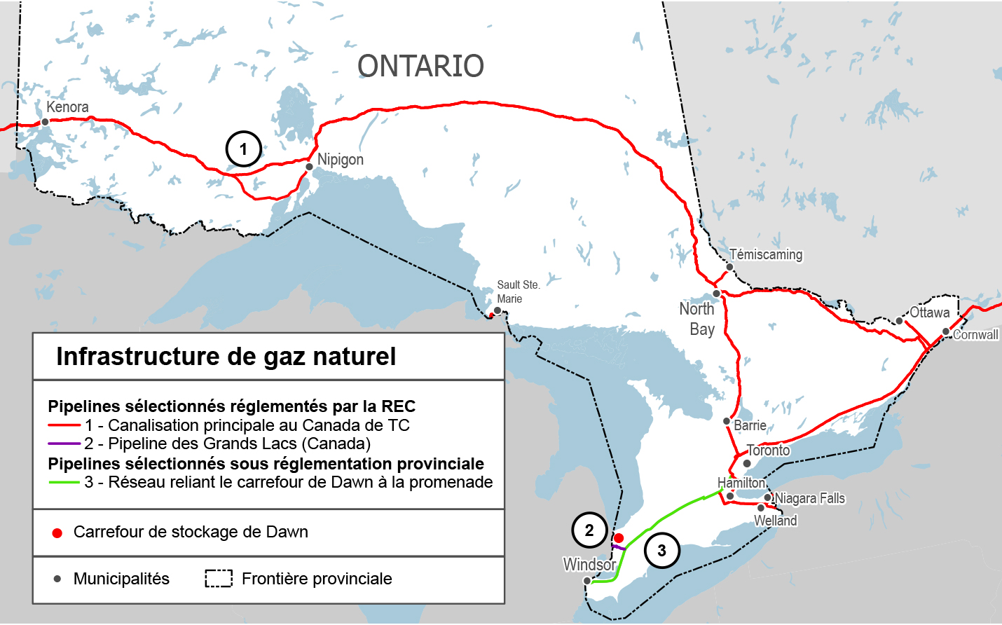 Une carte de l'Infrastructure de gaz naturel du sud-ouest de l’Ontario : Carrefour Dawn de stockage et de raccordements des gazoducs
