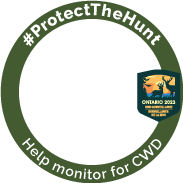 Circular, green, profile banner with the text Help Monitor for CWD, #ProtectTheHunt
