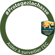 Cadre pour photo sur médias sociaux, circulaire et vert comportant le texte « Aidez à surveiller l’encéphalopathie des cervidés », #Protegezlachasse 