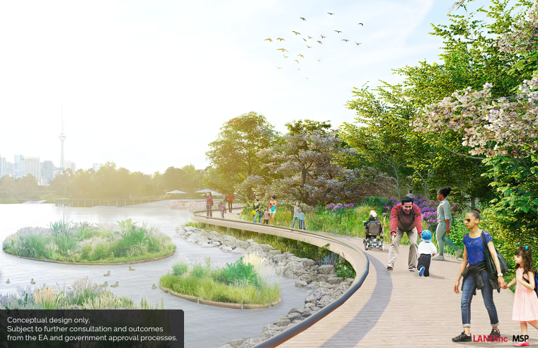 Conceptual illustration of a cove with a people walking on a path surrounded by trees