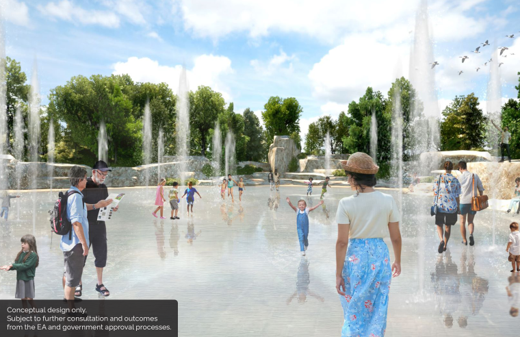 Conceptual illustration of water fountains shooting out from the ground with a people walking around them