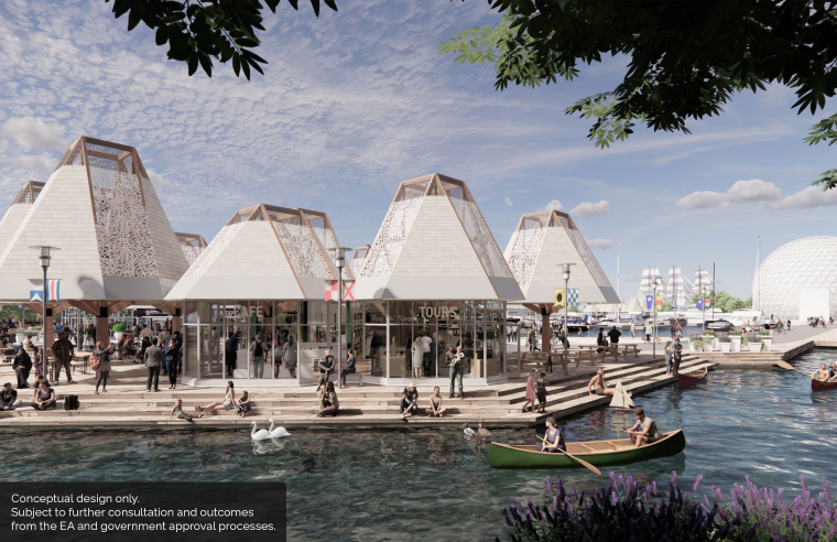 Conceptual illustration of the marina with retail and dining facilities