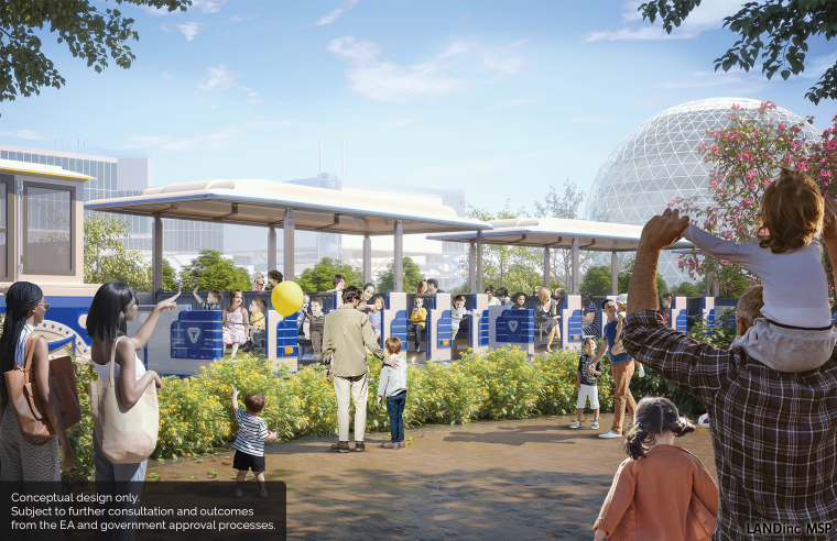 Conceptual illustration of Ontario Place plaza and promenade with people walking