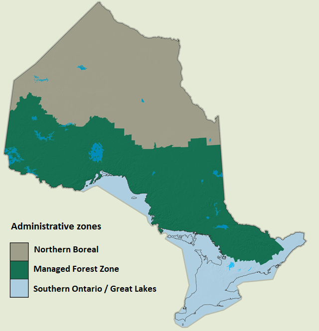 This map shows the province of Ontario and the boundaries of the three forest administrative zones: Northern Boreal, Managed Forest Zone and Southern Ontario/Great Lakes.