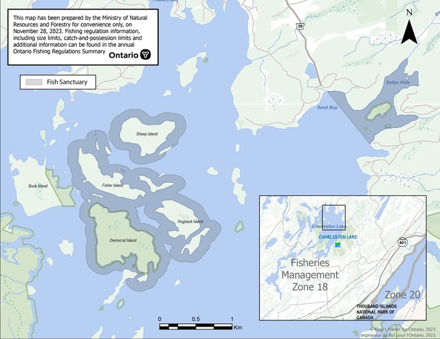 map image depicting the area of Charleston Lake where the fish sanctuaries apply including: Democrat, Hogback, Fisher, Victoria, Tar, Rockhouse, Prospect and Sheep islands and Sally’s Hole bay