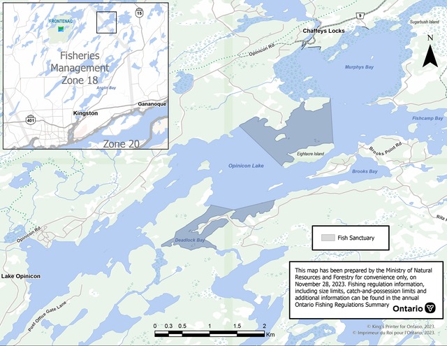 map image depicting the area of Opinicon Lake where the fish sanctuaries apply including: Deadlock Bay, Opinicon Property Owner’s Community Bay and Eightacre island to Cow island