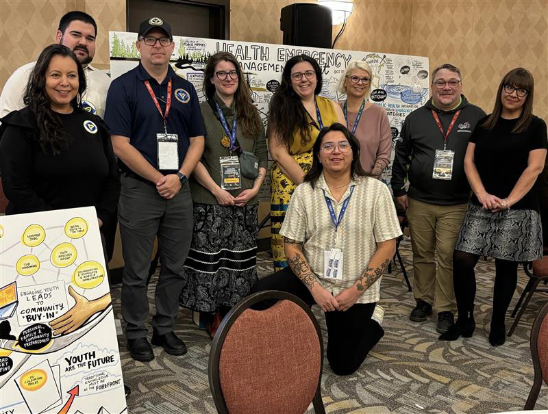 A group of people standing in front of a banner