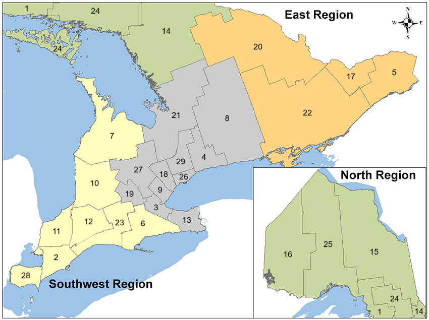 Map of Ontario Learn and Stay Regions: North, East and Southwest