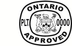 Illustration of two inspection legends with ONTARIO APPROVED and either PLT. 000 or PLT. 0000 broken up by an Ontario coat of arms.