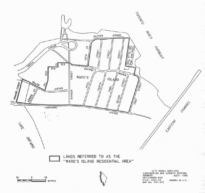 Image of Ward's Island Residential Area in the City of Toronto, outlined with heavy lines.