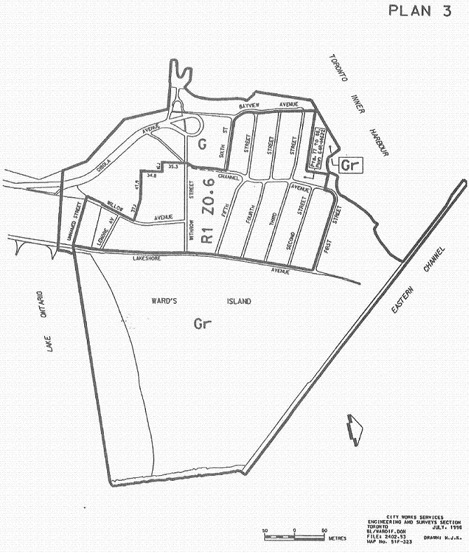 Image of Plan 3 – map of northeast part of Ward’s Island, with zoning.