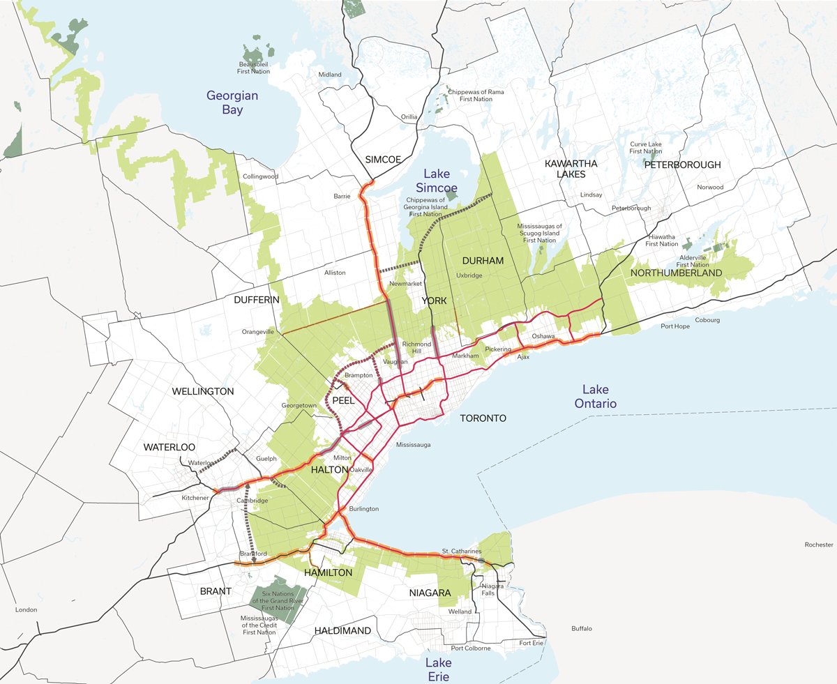 Carte de la région élargie du Golden Horseshoeillustrant l’infrastructure routière existante, prévue et conceptuelle