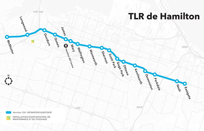 Carte du nouveau projet de train léger sur rail de Hamilton