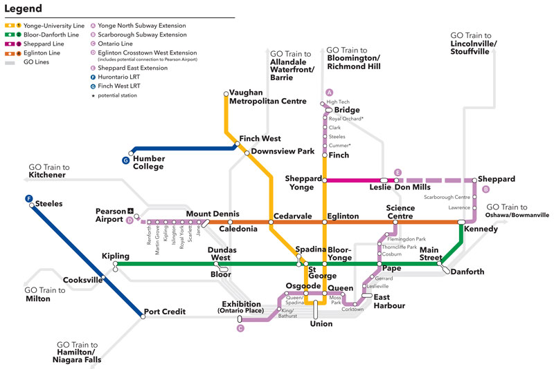Map of four new Greater Toronto Area subway projects