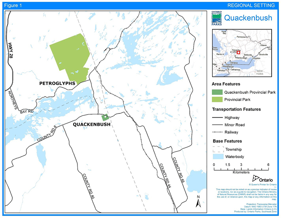 Figure 1 is a map showing the location of Quackenbush Provincial Park as being to the north and south of County Road 44 in the County of Peterborough. Petroglyphs Provincial Park is also shown, approximately 4.5 kilometres to the north of Quackenbush Provincial Park. The inset map shows the location of the park area in southeastern Ontario.