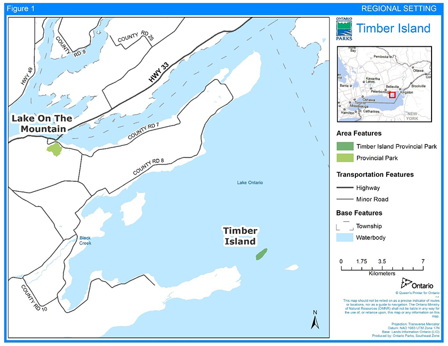 Figure 1 is a map showing the location of Timber Island Provincial Park as being an island in Lake Ontario just off the shore of Prince Edward Point National Wildlife Area in Prince Edward County. Lake on the Mountain Provincial Park is also shown, approximately 20 kilometres to the northwest of Timber Island Provincial Park. The inset map shows the location of the park area in southeastern Ontario.