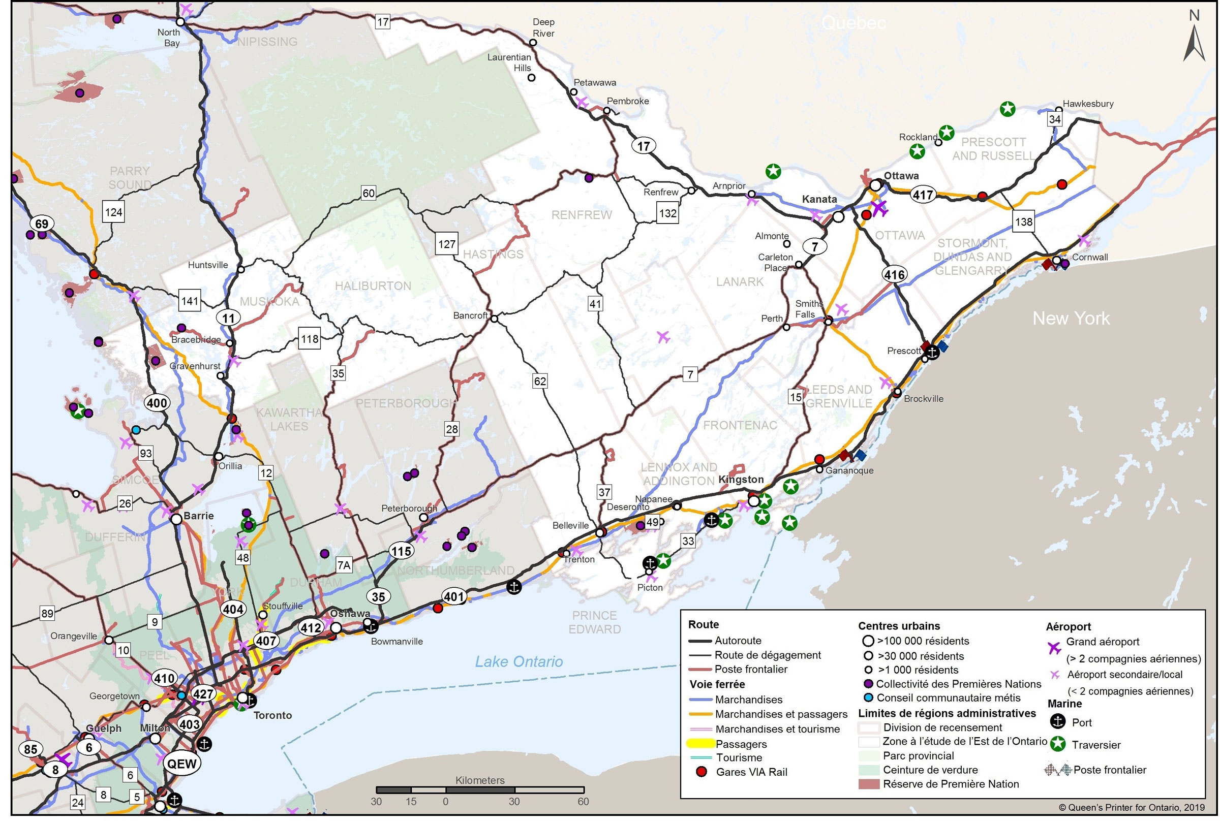 Une carte montrant l'Est de l'Ontario, y compris les centres de population, les routes et les voies ferrées, les aéroports et les points maritimes.