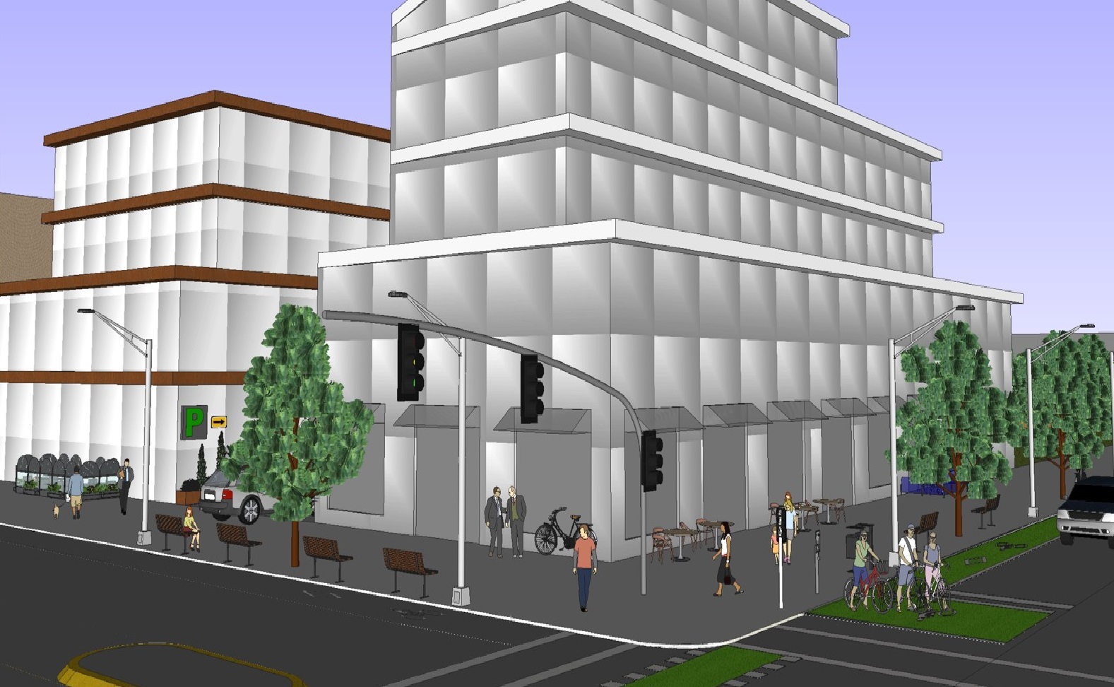 Image of streetscape showing matters that may be addressed as part of site plan control including access for pedestrians and vehicles, walkways, lighting, landscaping, and exterior design.