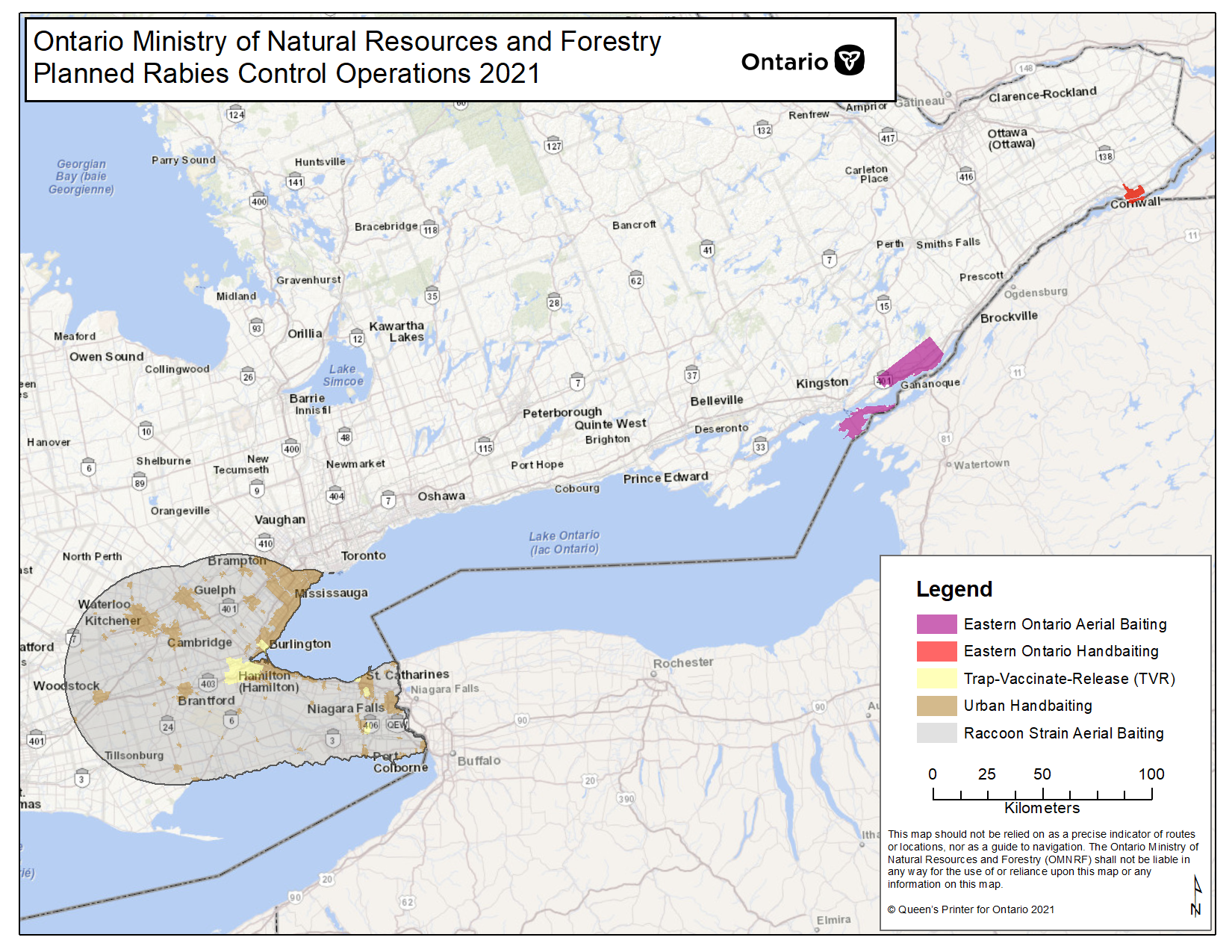 map of Ontario Ministry of Natural Resources and Forestry proposed rabies control operations 2021.