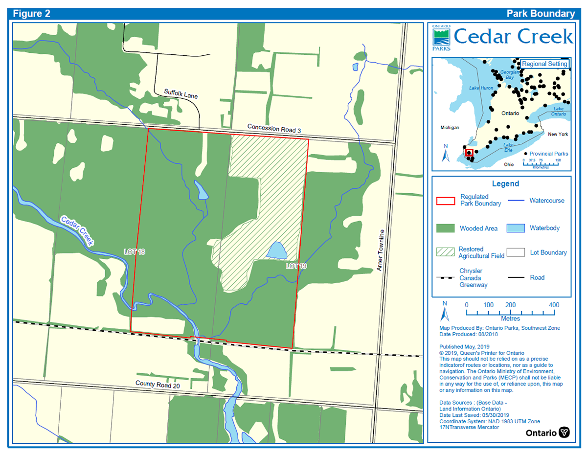 Figure 2 shows the Park Boundary of Cedar Creek Provincial Park. The property is bordered by 3rd Concession Road to the north, the Chrysler Canada Greenway to the south and private properties to both the east and west.