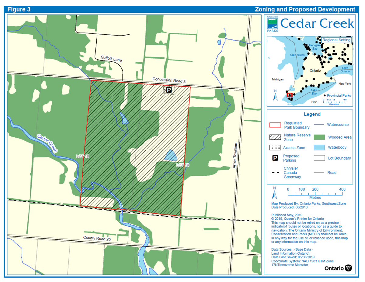 Figure 3 shows the zoning and proposed development of Cedar Creek Provincial Park. Nearly all of the park is zoned as nature reserve, with a small portion of the park zoned as access for a potential future parking lot.