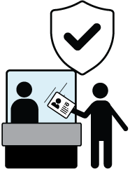 Illustration of a person showing their ID card at a kiosk.