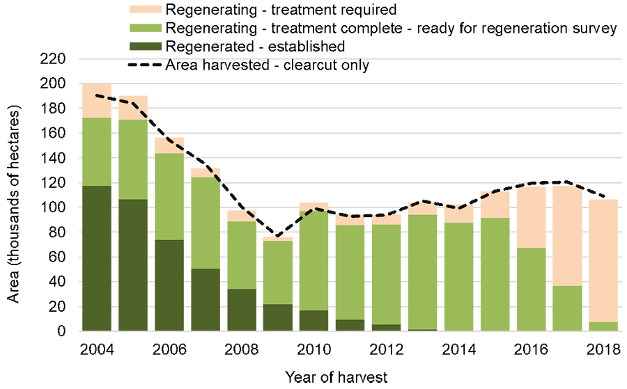 Chart showing the status of regenerating areas by year harvested from 2004 to 2018.