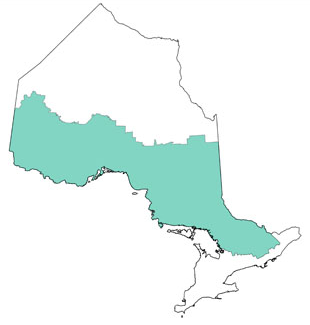 Map showing Managed Forest area in middle of the province of Ontario