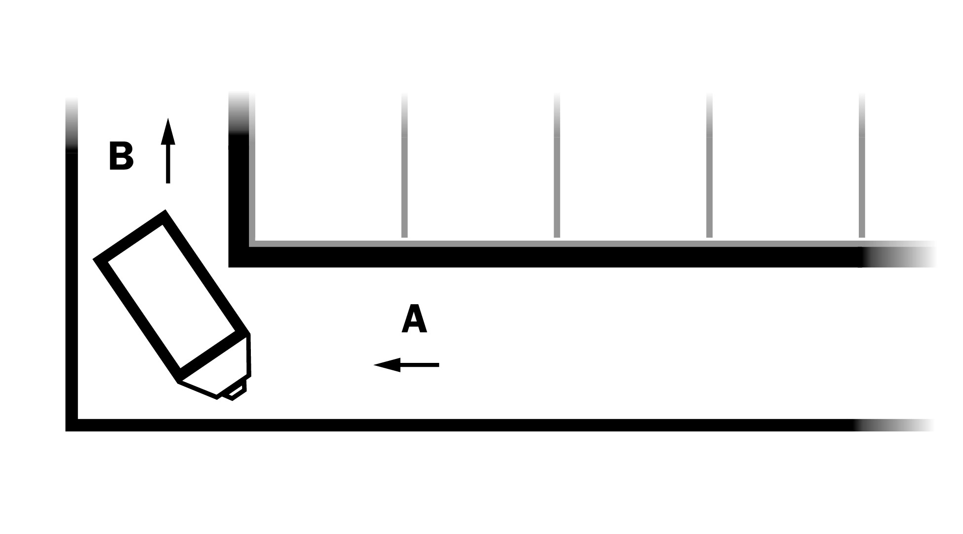Graphic showing a barn alley way with an angled rectangular feed cart in bottom left corner with an arrow to the right of it pointing at the feed cart and a Capital A above the arrow. A capital letter B is located on the left side of the drawing above the feed cart with an arrow pointing upwards beside it.