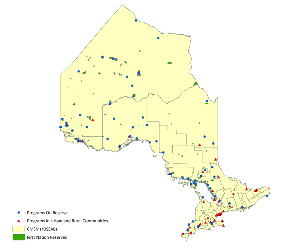 Map of Ontario showing the locations of Indigenous-led child care and child and family programs.