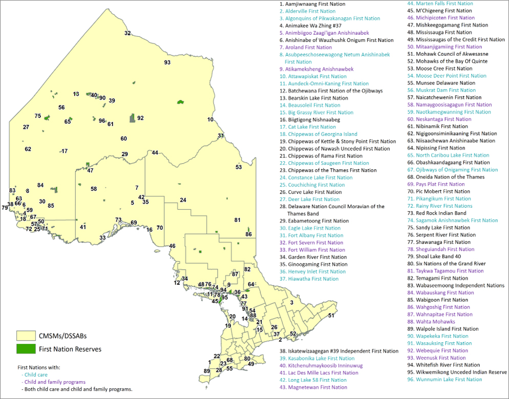 Map of Ontario showing the locations of Ontario First Nations Receiving Provincial Funding for Child Care and/or Child and Family Programs