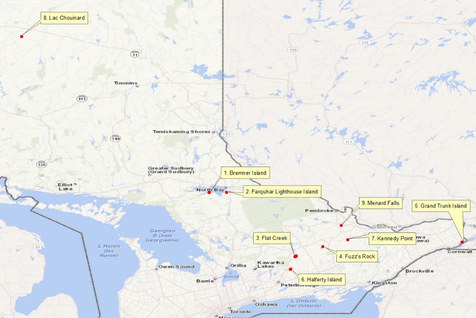 illustrative map of Ontario, with location pins on the location of each proposed named feature 