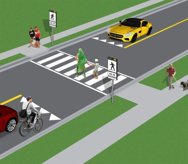 diagram of a pedestrian crossover. The image shows a mid-block pedestrian crossover on a two-lane roadway. A ladder crosswalk, consisting of many white parallel bars between two white outer lines, runs across the roadway. A yield to pedestrians line made of white triangles with the bottom points facing the direction of approaching traffic appears on the roadway in each direction of travel before the crossover. These lines look like shark teeth. A rectangular sign with a black symbol of a person crossing the road from right to left on a white background is installed at the crossover on the side of the roadway. There is a rectangular flashing light above the sign and a sign underneath which reads “stop for pedestrians”. The signs and light are also installed on the other side of the crossover, but the black symbols show a person crossing from right to left. Pedestrians are crossing the road. Cars and a bicycle are stopped at the shark teeth lines. They must wait until pedestrians are on the sidewalk across the road before they proceed.