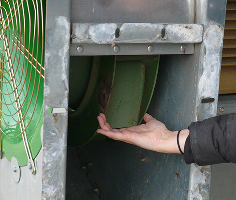 A hand on the fan wheel demonstrating that it is less than 10 cm (4 in.) in width. This fan is usually found on very tall storages such as silos.