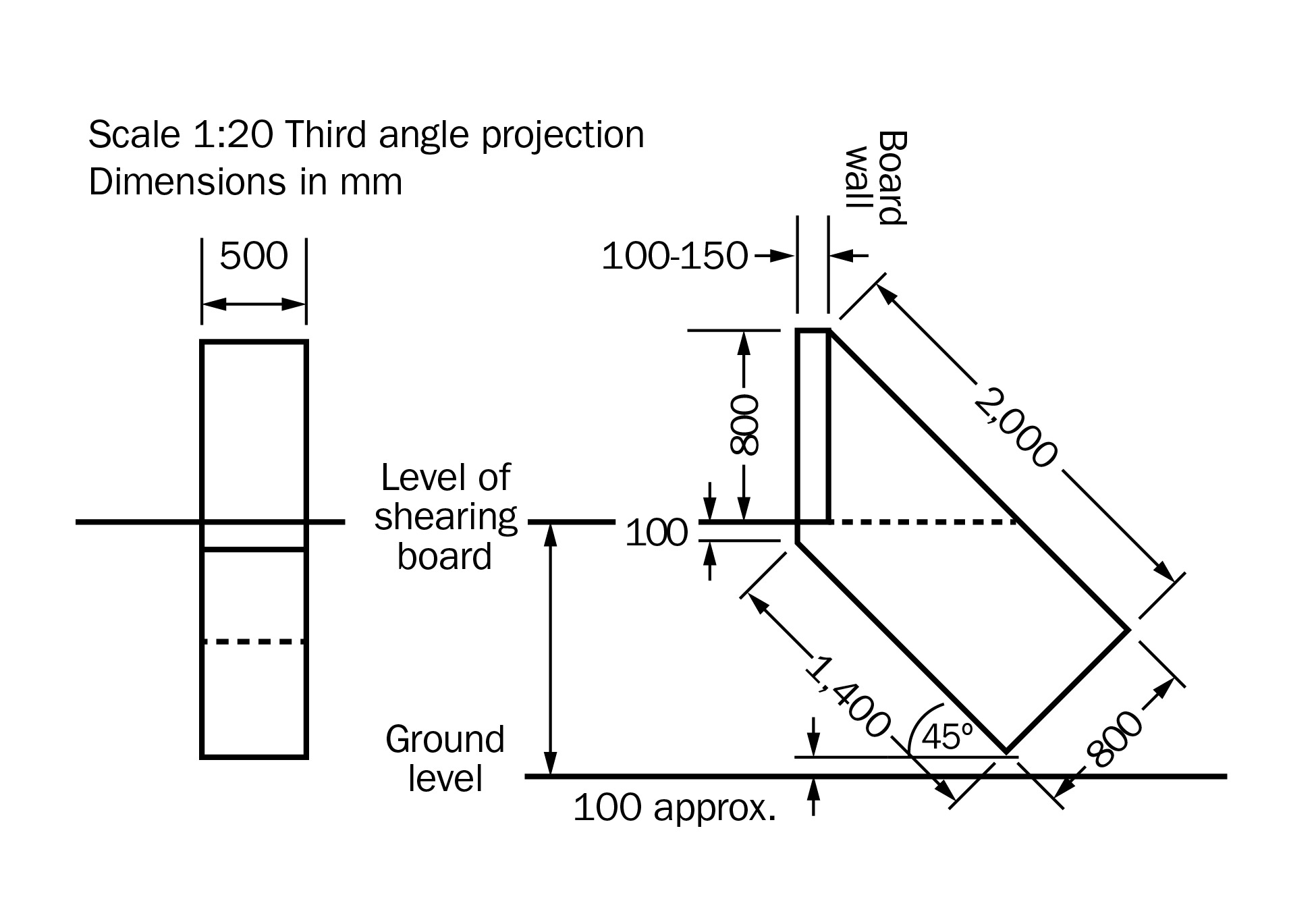 Construction details of a 45-degree slide from the shearing deck that allows ewes to be returned to ground level.