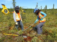 Summer students Kevin Ho and Hannah Meagher using a soil auger to collect a peat sample.