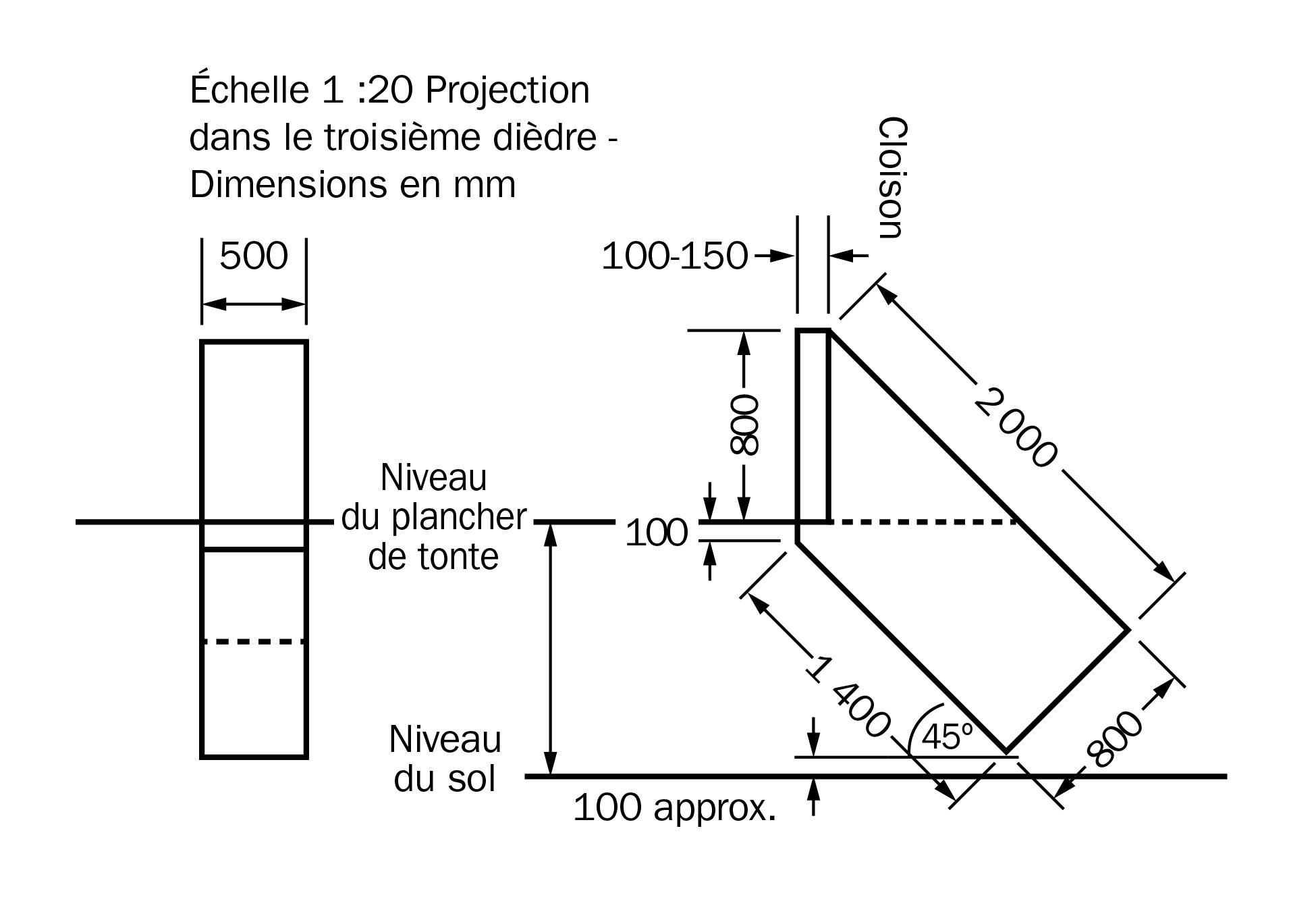 Détails de construction d’un couloir de contention avec un angle de 45 degrés descendant à partir du plancher de tonte et permettant aux brebis de revenir au niveau du sol.