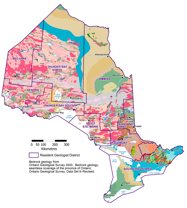 Carte géologique de l'Ontario. Les districts de géologues résidents sont entourés de violet. Il y a neuf districts dont : le sud de l'Ontario, Sudbury, Kirkland Lake, Sault Ste. Marie, Timmins, Thunder Bay Sud, Thunder Bay Nord, Kenora et Red Lake