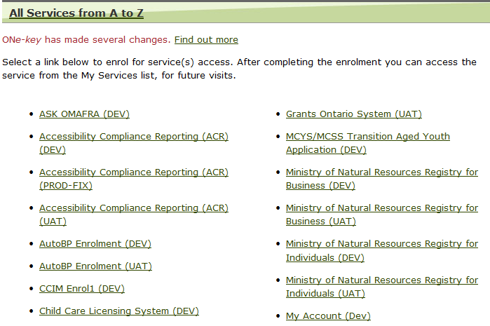 Image of the All Services from A to Z window with links to enrol for service(s) access. It says that after completing enrolment the user can access the service from the My Services list.