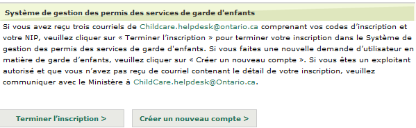 La page système de gestion des permis des services de garde d'enfants