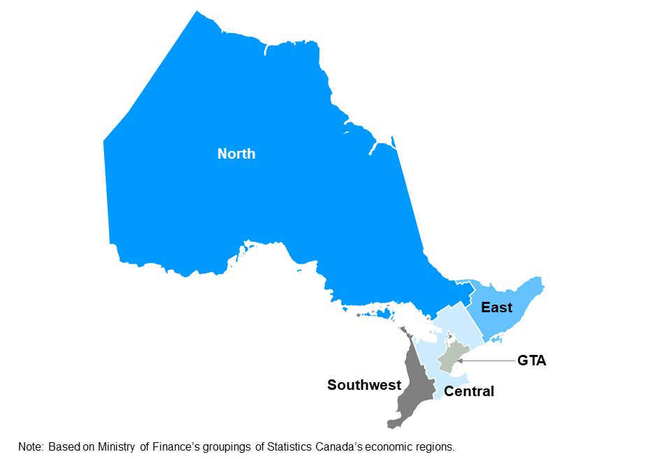 The map shows Ontario’s five regions: Northern Ontario, Eastern Ontario, Southwestern Ontario, Central Ontario and the Greater Toronto Area. This map is based on Ministry of Finance’s groupings of Statistics Canada’s economic regions. 