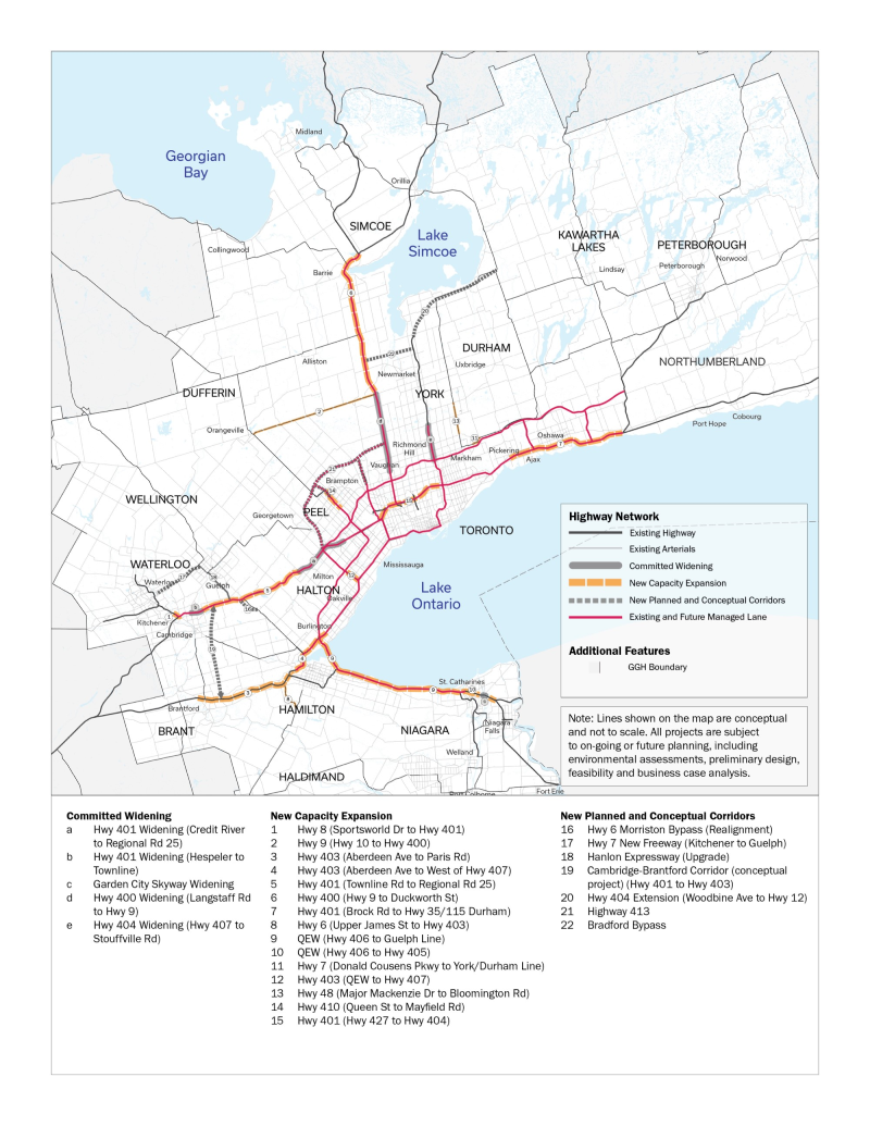 Map of the GGH illustrating current, planned and conceptual future road infrastructure
