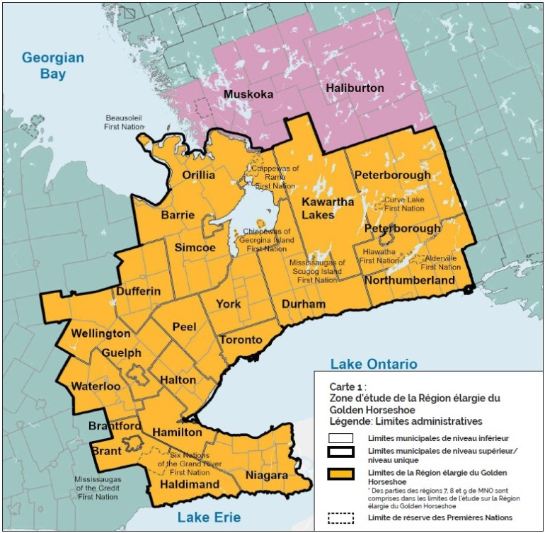 Carte de la Région élargie du Golden Horseshoe par rapport au reste du Sud de l’Ontario