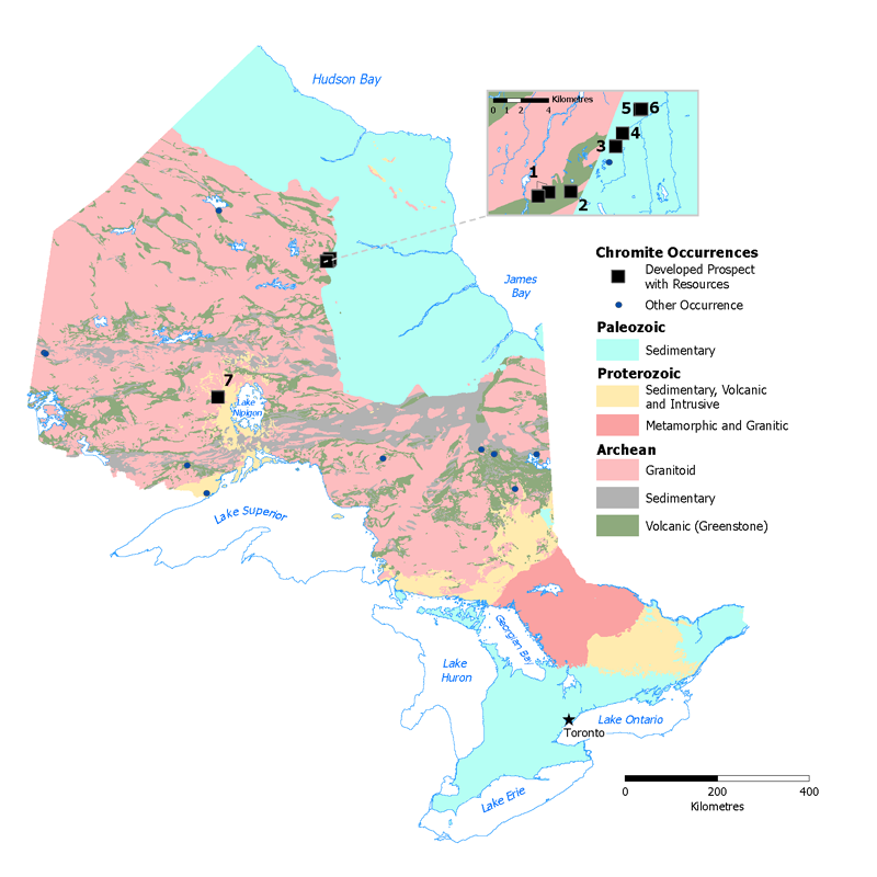 Map displaying chromite occurrences developed prospect with resources in northern and central Ontario. Other occurrences scattered across western and eastern Ontario.
