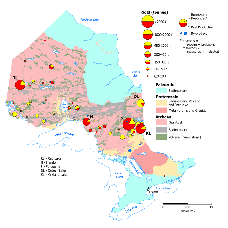 Map depicting gold occurrences in Ontario in tonnes, with yellow representing reserves and red representing past production across central and eastern Ontario