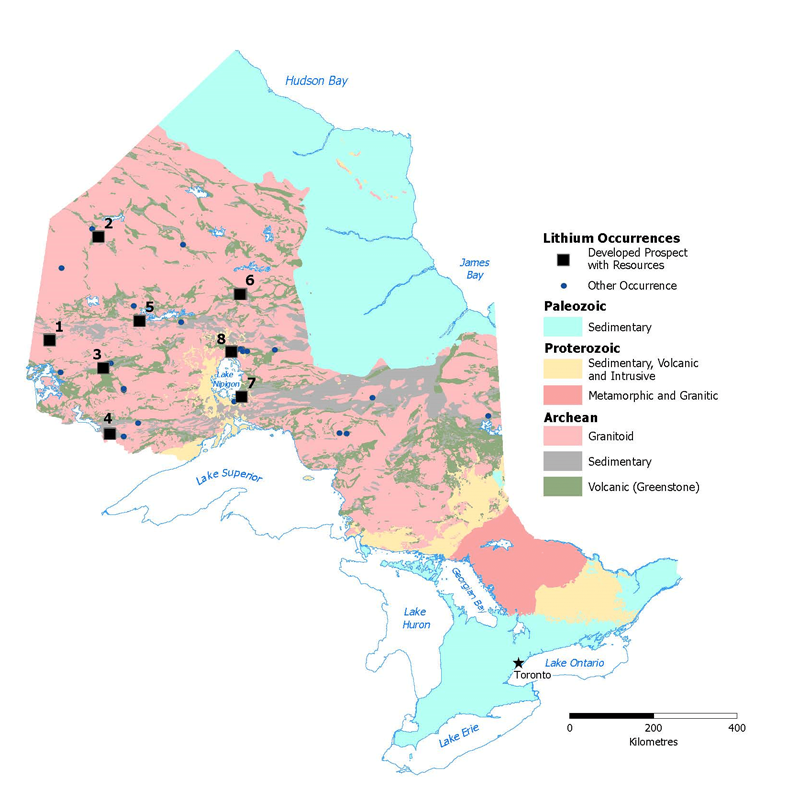 Map of lithium occurrences in Ontario identifying western Ontario as the region with the most instances of developed prospect with resources. Other lithium occurrences are scattered across central and western Ontario.