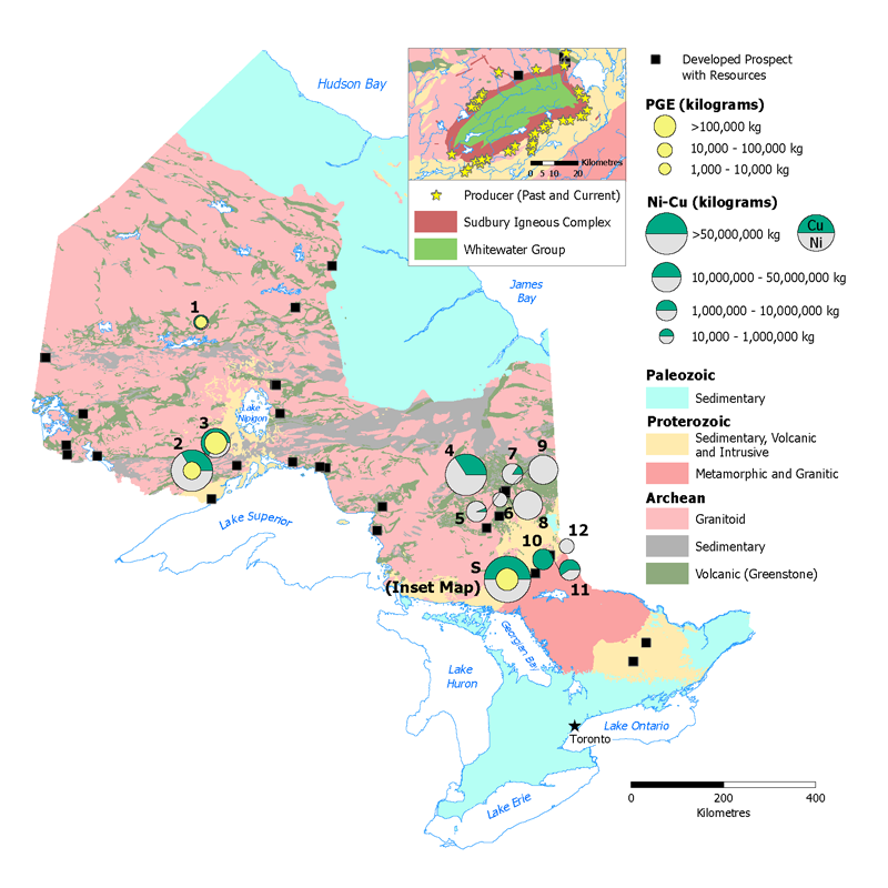 Map of nickel, copper and platinum group elements (PGE) occurrences. Yellow spheres represent the PGE in kilograms with highest occurrences in central Ontario. Green and grey spheres represent nickel and copper with most occurrences in south eastern Ontario