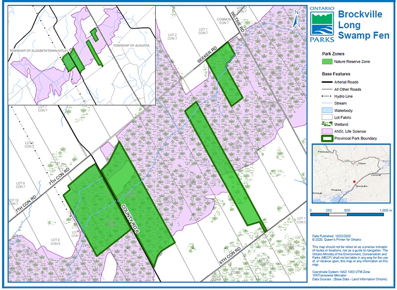 Park boundary and zoning. A map showing the boundaries and zoning of Brockville Long Swamp Fen Provincial Park. All four parcels are in a Nature Reserve zone. The wetland and Area of Natural and Scientific Interest (ANSI) are also shown. 