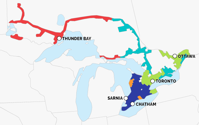 A map showing areas with natural gas in Ontario.